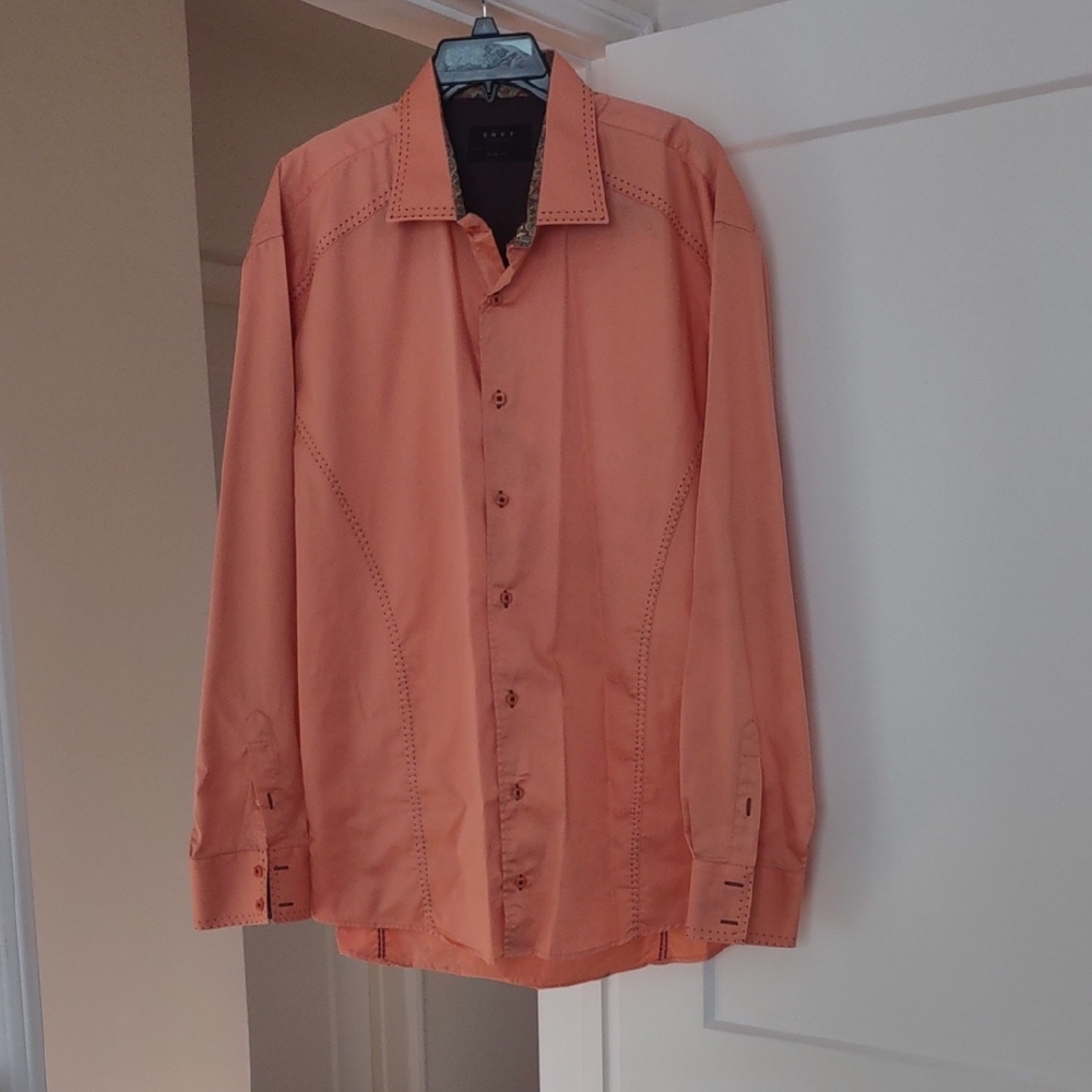 Envy Couture Peach Cotton Sateen Paisley Trim Button-Up Shirt - Size 4XL